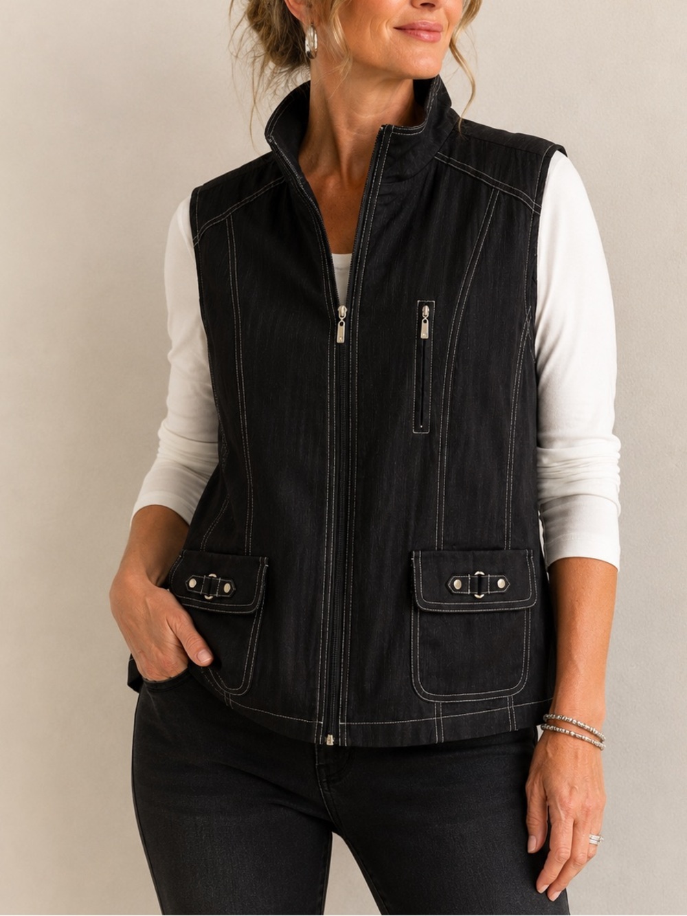 ALIA Black Utility Zippered Vest Contrast Stitching
